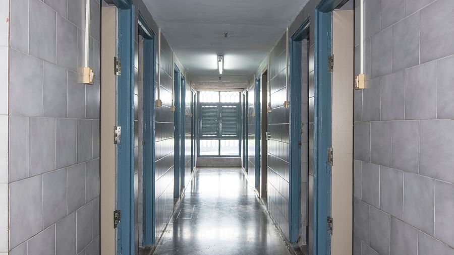 A view of the hallway with doors to rooms on either side at Hotel Sahara - Spacious Hallway in Ramoji Film City, Hyderabad.