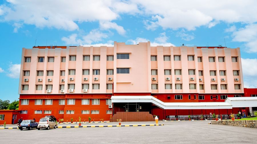A long shot of the facade of Hotel Sahara in Ramoji Film City - Scenic Hotel Exterior in Hyderabad.