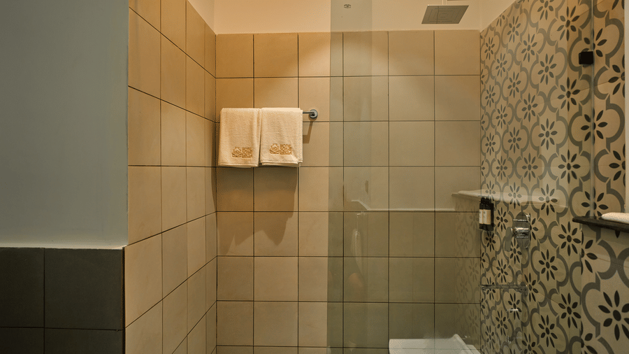A bathroom featuring a shower with a glass partition, tan tiles, and patterned wall tiles at Hotel Sonar Bangla, Ajodhya Hills.