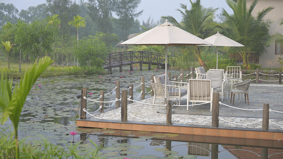 Wooden deck at Hotel Sonar Bangla, Sundarban with white chairs, parasols, lily pond, and an arched wooden footbridge over still water.