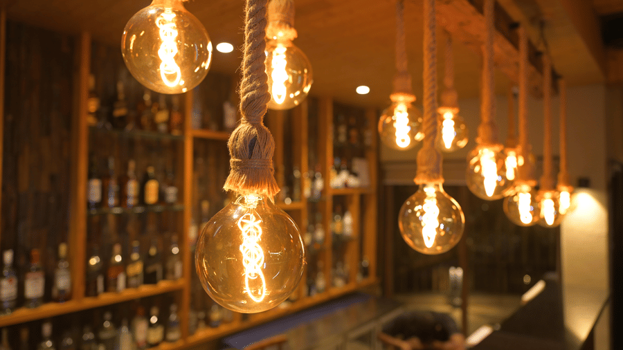 Close up of decorative Edison-style light bulbs hanging from ropes in a bar at Hotel Sonar Bangla, Sundarban.