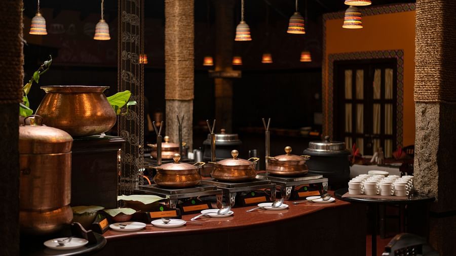 image of a buffet at the kokam bar and restaurant at hoysala village resort, hassan