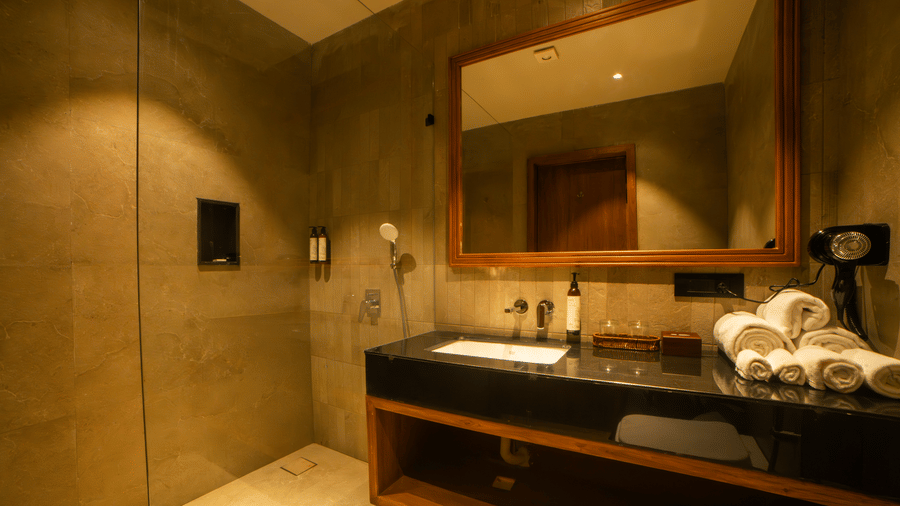 A modern bathroom with grey tiled walls, a dark vanity with a white vessel sink, a large rectangular mirror, and a walk-in glass shower at Jivana Wellness Retreat, Bhopal.