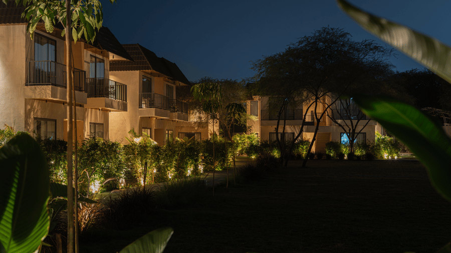 Ground-level lights illuminate a row of shrubs and trees in front of a multi-storey building under a dark night sky at Jivana Wellness Retreat, Bhopal.