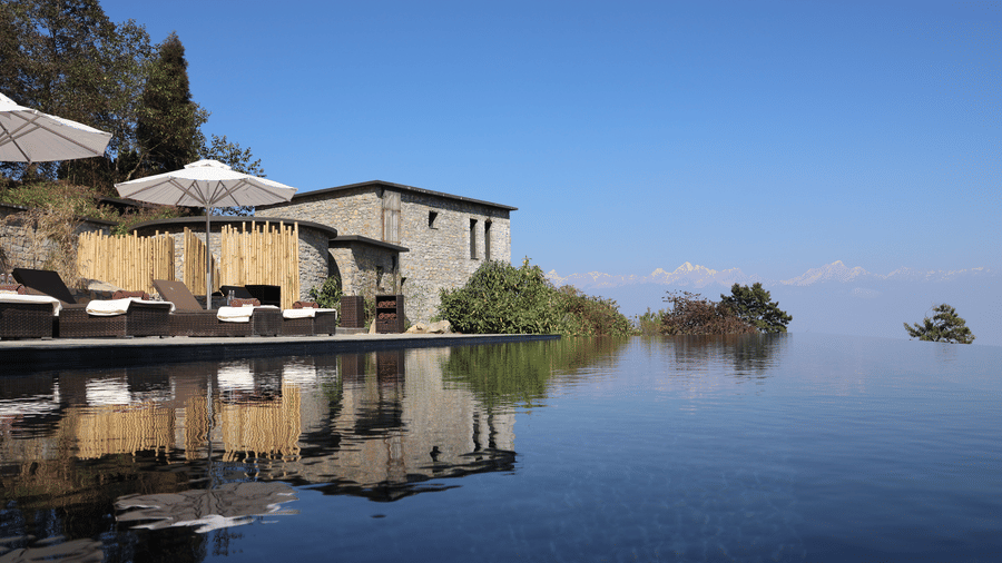 Outdoor infinity pool with Mountain View, Kavya Himalayas, Nagarkot