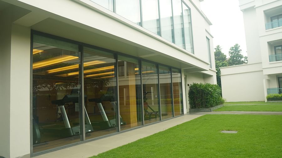 Exterior view of the gym through glass walls