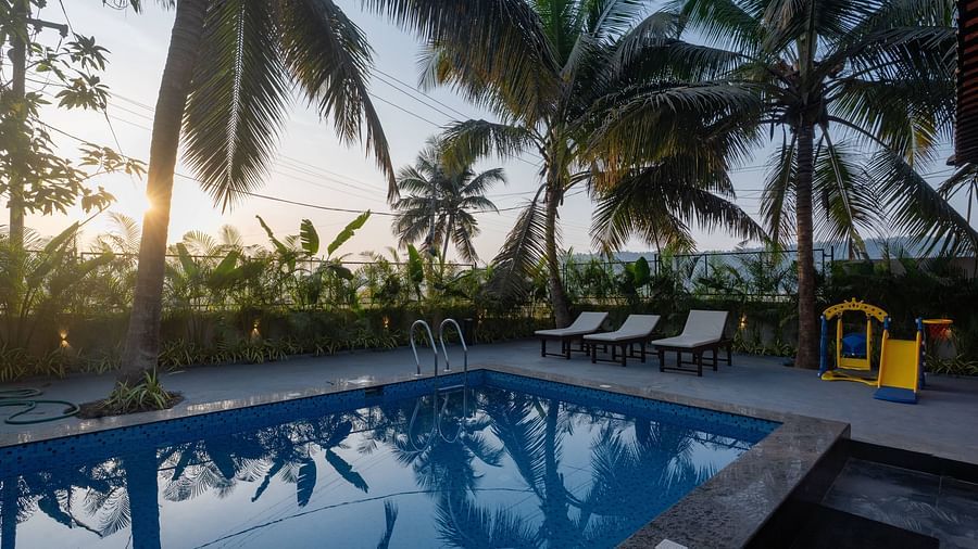 Serene outdoor swimming pool surrounded by coconut trees and tropical vibes at Kssemya.