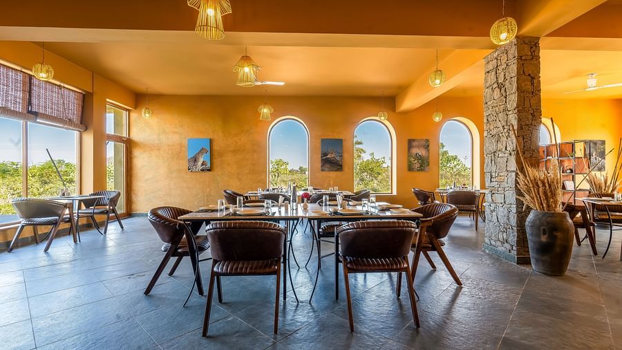 An image of L cave restaurant in Kurja Jawai with glass walls and U shaped entrances featuring bohemian style, and the space is filled with chairs and tables