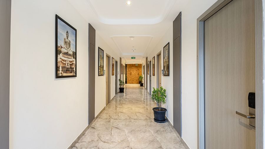 Well-lit hotel corridor with decorative art and marble flooring at Lemonridge Hotels.