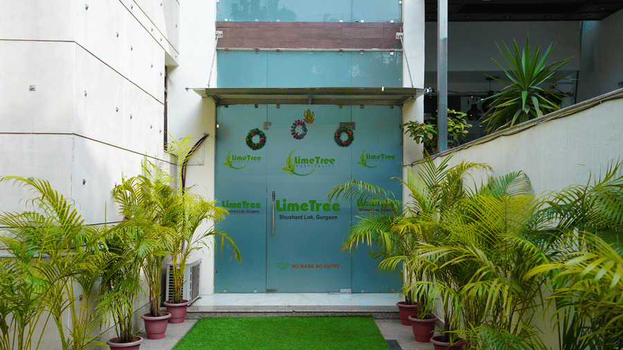 Glass entrance doors with frosted branded logos, three Christmas wreaths, a no-mask notice, and flanking potted areca palms.