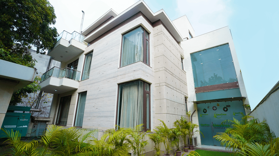 Entrance with a stone facade, branded glass doors with wreaths, potted areca palms, a standby generator, and artificial grass.