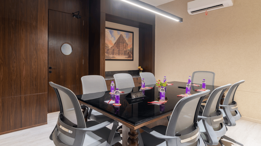 Modern boardroom with conference seating for business meetings at Lords Inn Sanand Gujarat.