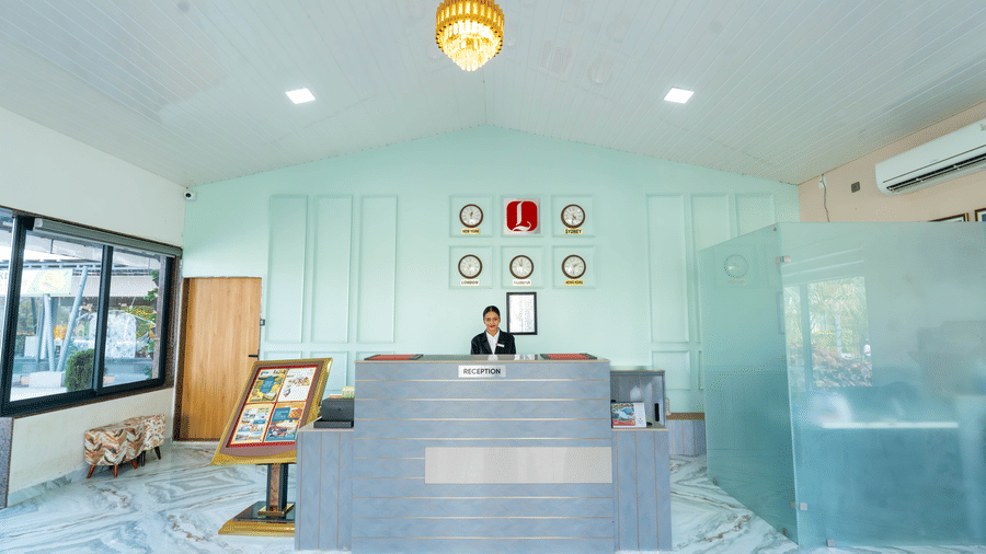 Modern reception area with front desk at Lords SKD Resort, Salangpur.
