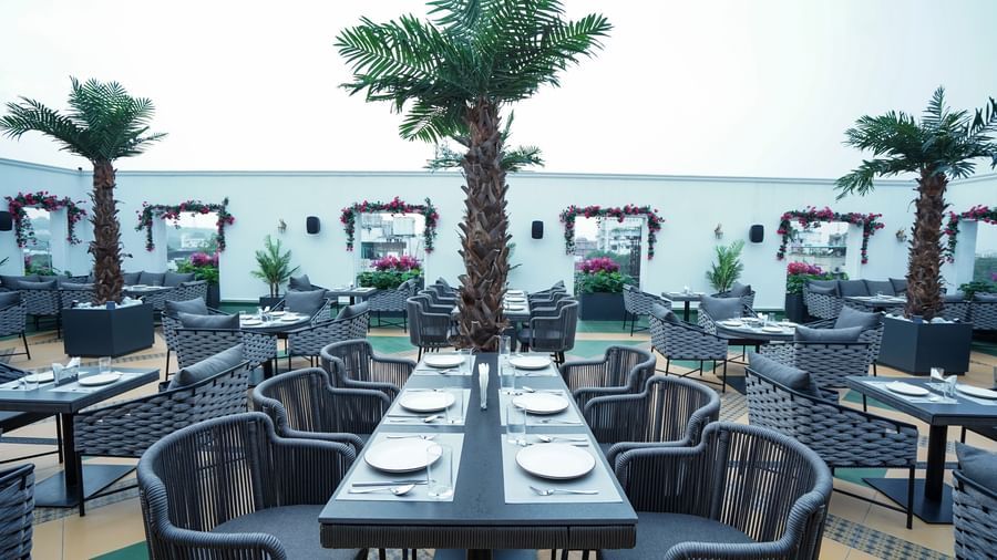 Front view shot of a dining table with a tree placed in front of it at the Sky Roof with a cloudy sky in the background at M2 Square by Monday Premium.