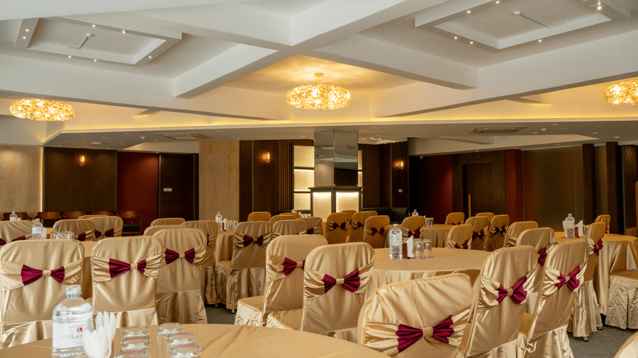 Banquet hall setup with round tables and décor at Mandala Norling Lords Prime Kathmandu.