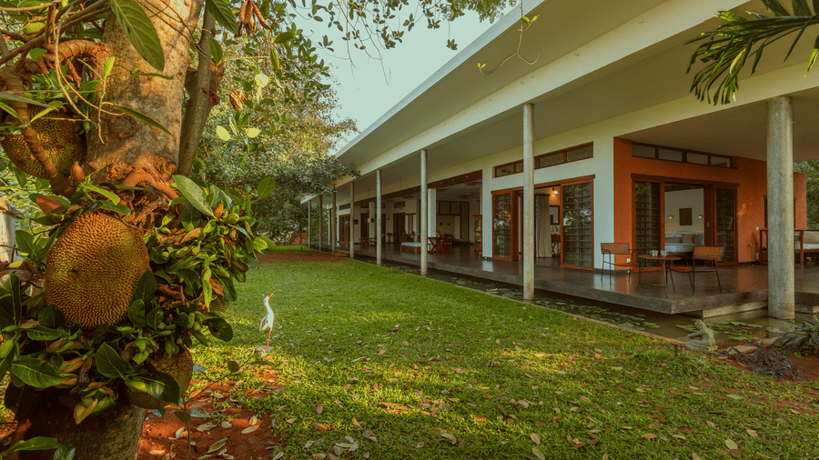Villa Wuwei at Mango Hill Auroville, Pondicherry featuring a grassy lawn area is situated next to a building with a long covered walkway supported by pillars.