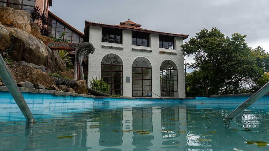 A view of a blue swimming pool with silver railings in the foreground, looking towards a white building with arched windows at Mango Hill, Yercaud.