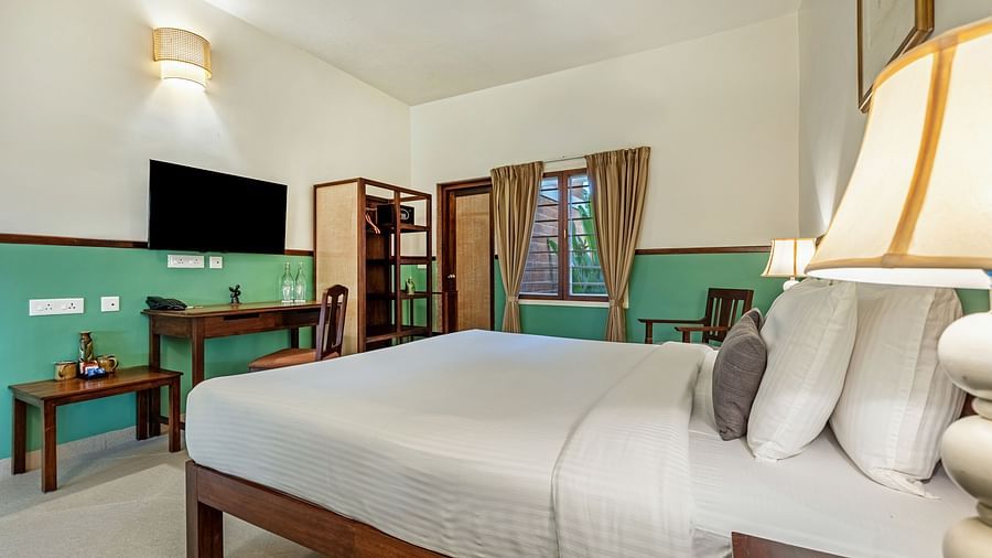 Spacious bedroom featuring a large bed, a work desk, a TV, and a window with curtains | Mango Hill Shallow Beach Resort ECR
