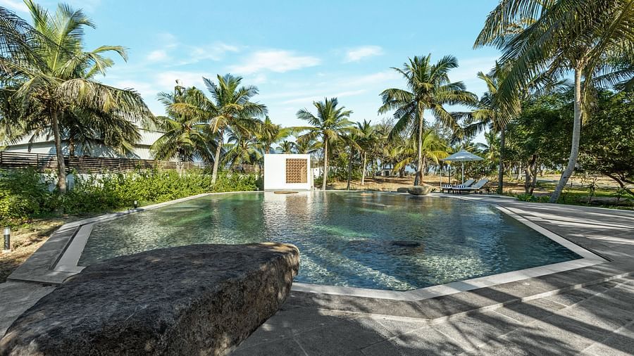 Luxury resort swimming pool with lounge chairs and palm trees under a sunny sky | Mango Hill Shallow Beach Resort ECR