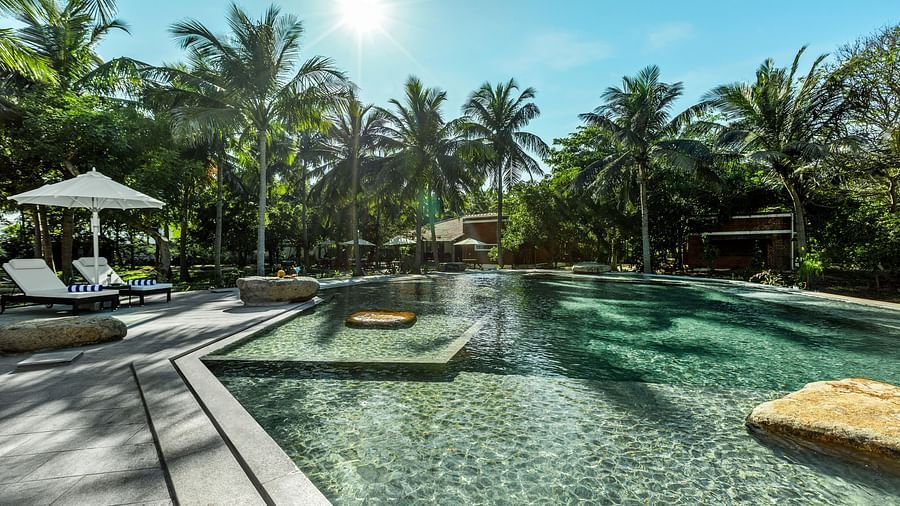 Sparkling swimming pool with comfortable lounge chairs, umbrellas, and swaying palm trees at a tropical resort | Mango Hill Shallow Beach Resort ECR