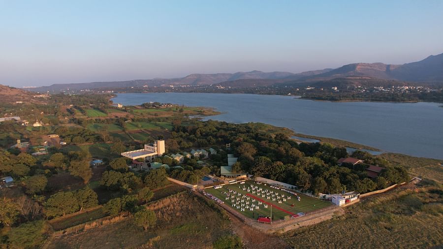 Aerial view of the Mango Leaf Lake Resort, Pune near Khadakwasla Dam