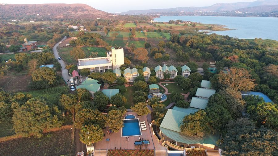 Overhead view of the facade of Mango Leaf Lake Resort, Pune