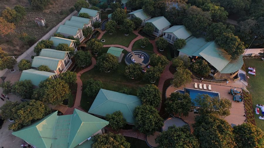 Drone view of Mango Leaf Lake Resort, Pune