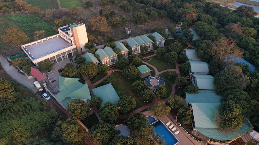 Birds-eye view of the entire property of Mango Leaf Lake Resort, Pune