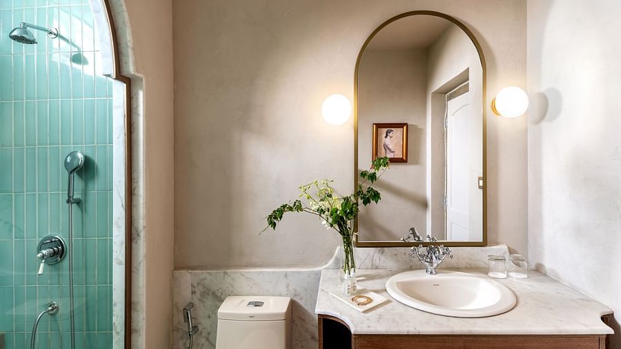 Overview of the bathroom with the sink area in view inside one of the rooms - Manuscript - Jhilwara Haveli, Udaipur