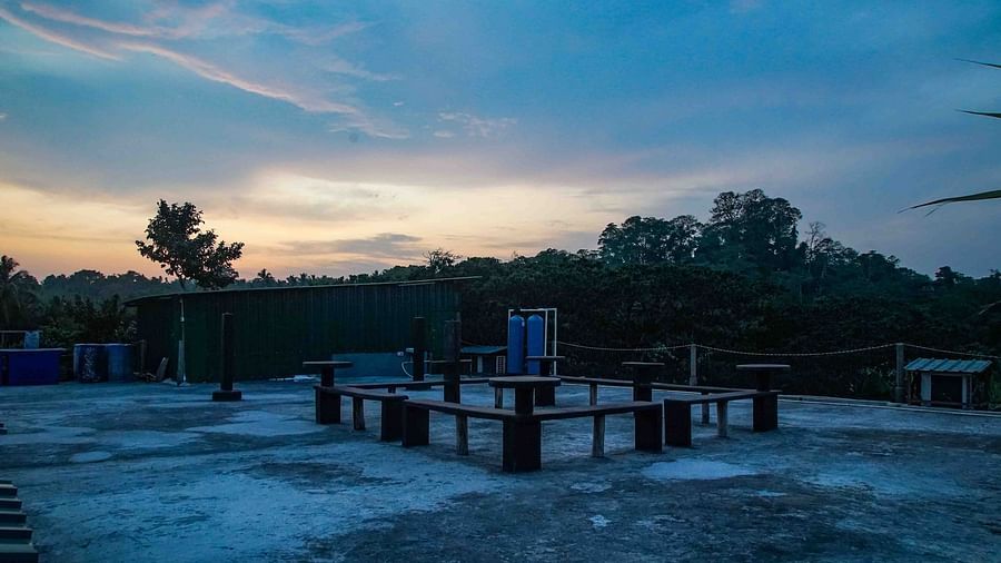 A wide view of the terrace during twilight | Matsya Island Retreat
