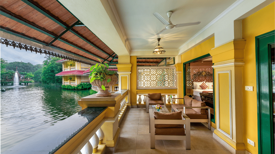 Relaxing houseboat verandah with waterfront view and comfortable seating at Mayfair Lagoon