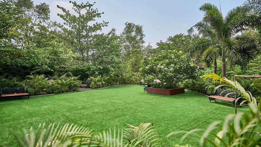Mayfair Manor, Alibag, boasts a lush lawn with vibrant greenery and trees, perfect for tranquil moments or memorable gatherings