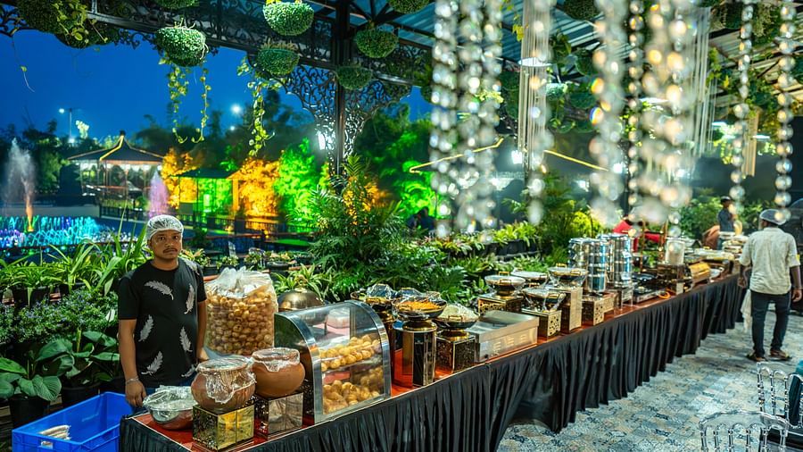 Decorated event venue with food