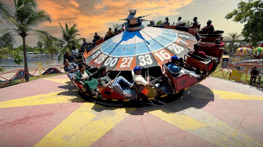 Amusement park ride with people on it
