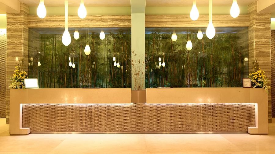 Image of the reception featuring unique lights and a front desk | Mirage Hotel