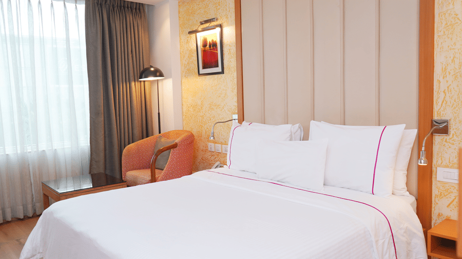 Spacious standard room at Nemesia with a comfortable double bed and floor-to-ceiling windows.