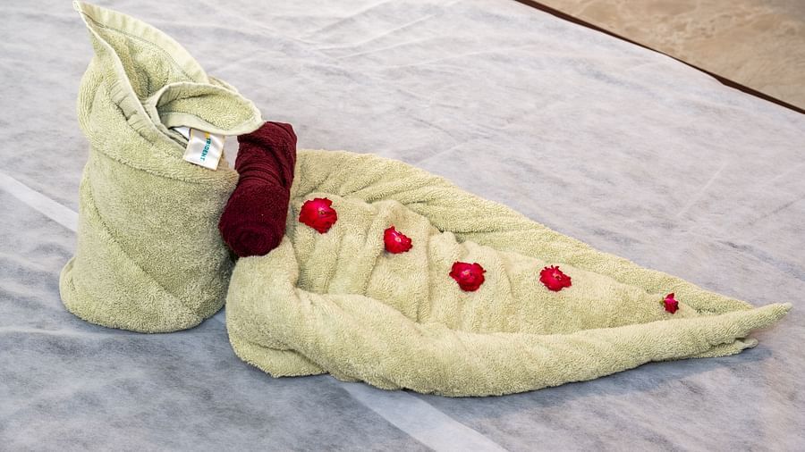 An image of towel decorated on the bed with petals and another hand towel - Rajbagh Wellness