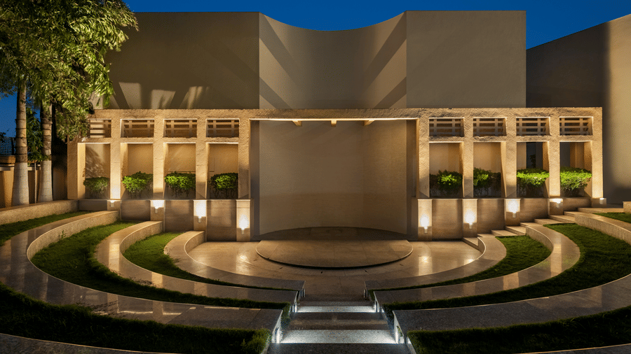 The outdoor amphitheatre setting of Dhanaak provides a distinct space for gatherings and events at Ramada by Wyndham Bodh Gaya Mahabodhi hotel.