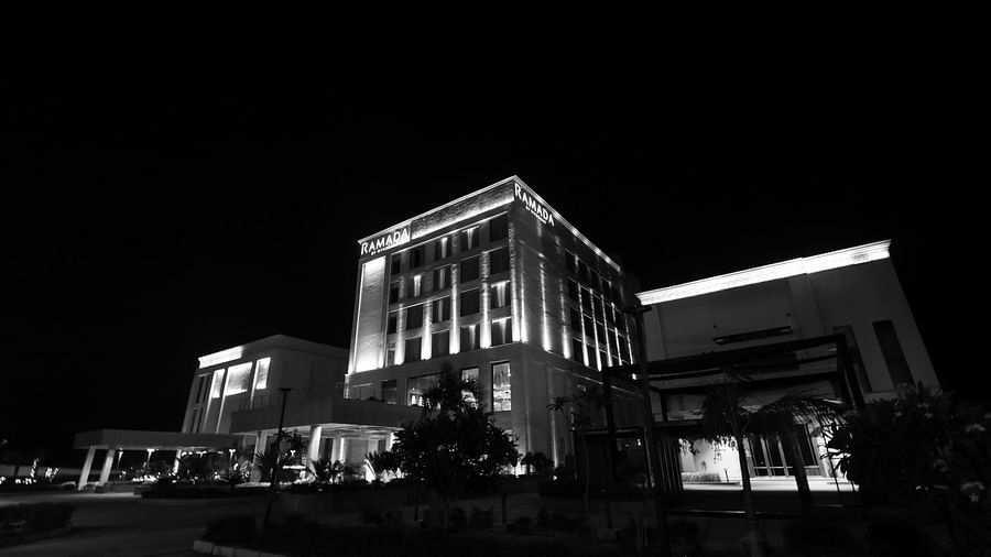 Striking view of Ramada by Wyndham Sonipat Murthal building in black and white