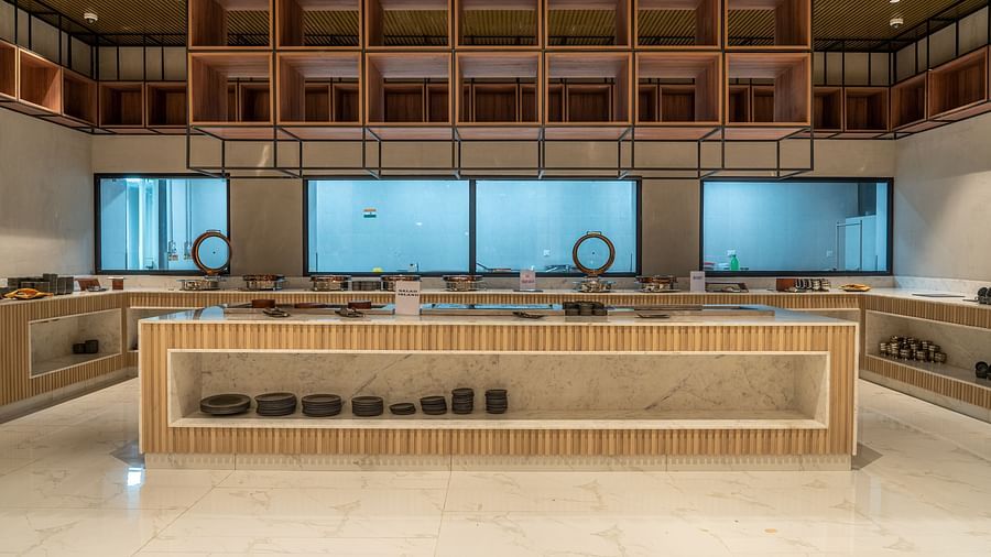 Buffet area of the restaurant at Ramada Encore, Bhiwadi.