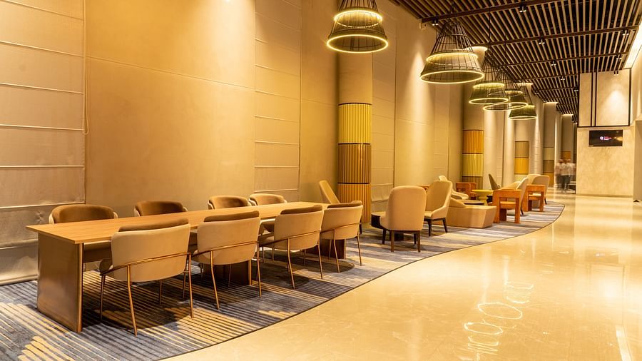 Sofa seating in the Tea Lounge at Ramada Encore, Bhiwadi.
