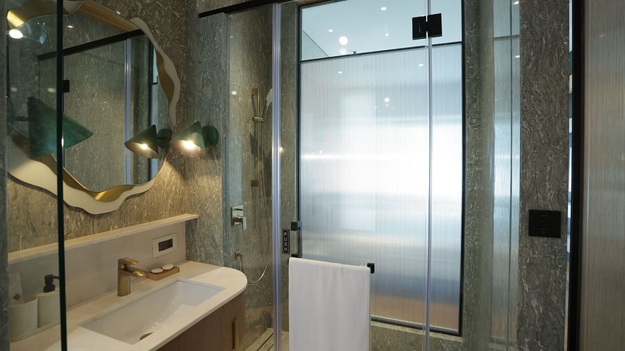 Luxurious bathroom at Regency Hotel, Mumbai featuring modern glass shower, marble finishes, elegant lighting and premium amenities for a sophisticated stay.