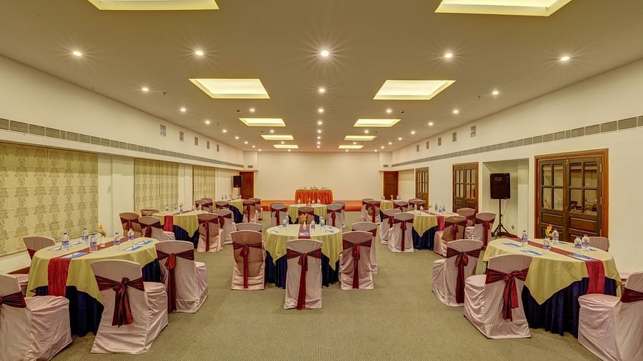 an overview of a Banquet hall in a cluster style arrangement - Rhythm Kumarakom.