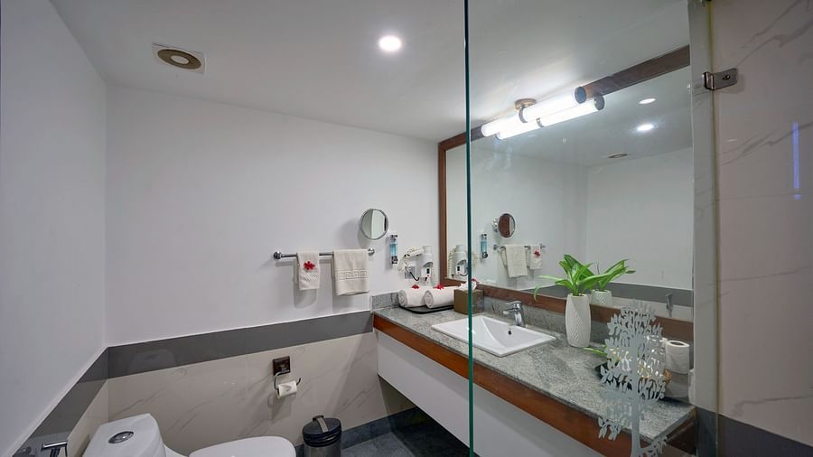 An image of a washroom with a big mirror, toilet seat and a sink - Rhythm Kumarakom