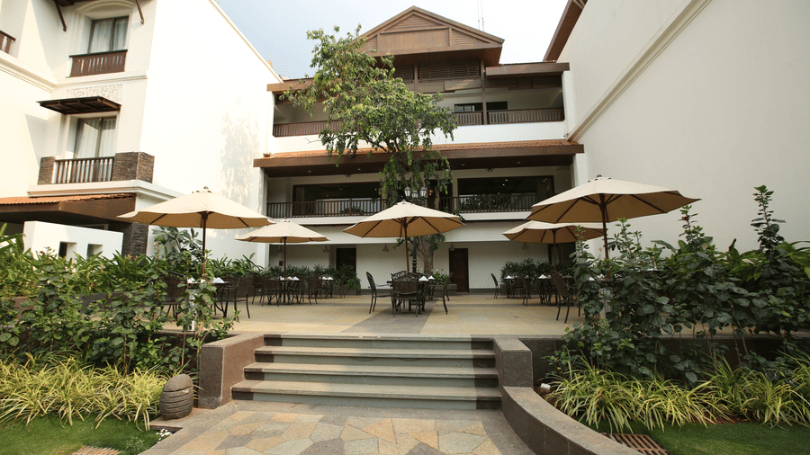 A far out view of the al-fresco dining area at our resort in Lonavala - Rhythm Lonavala.