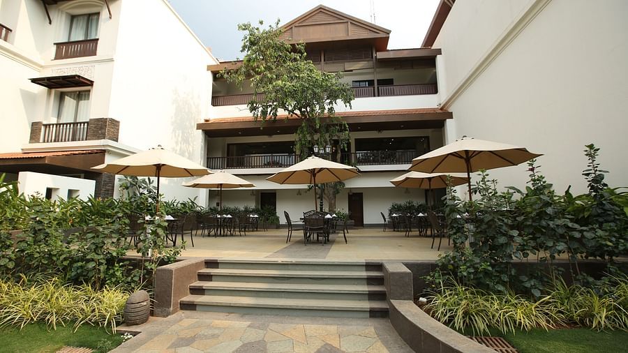 A far out view of the al-fresco dining area at our hotel in Lonavala - Rhythm Lonavala.