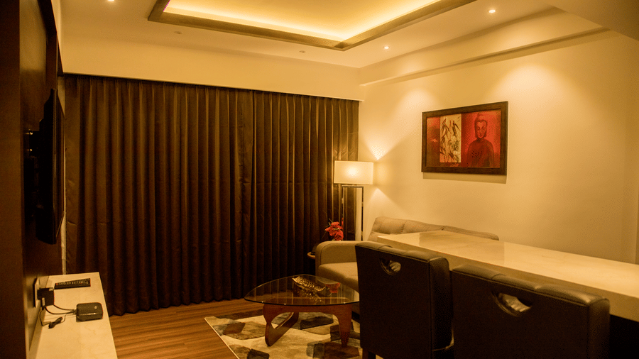 A hotel room with sofa seating, a television, a rug, a ceiling light, a floor lamp, curtains, and a framed picture on the wall at S Hotels, Chennai.
