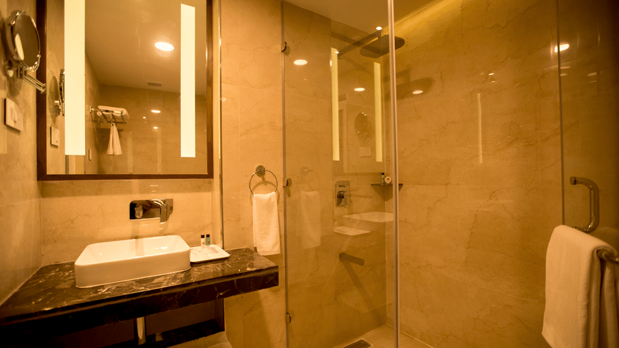 A hotel bathroom features a vanity sink with a backlit mirror and a glass enclosed walk in shower cubicle at S Hotels, Chennai.