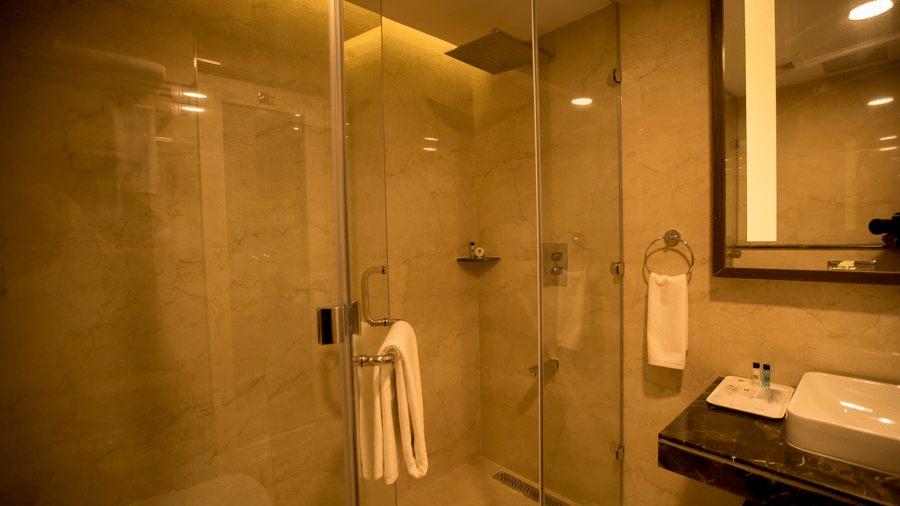 A hotel bathroom features a glass-enclosed shower cubicle next to a vanity with towels and toiletries visible at S Hotels, Chennai.