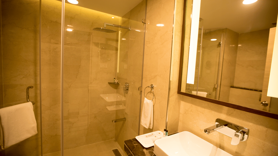A hotel bathroom features a vanity sink, a large mirror, and a glass-enclosed shower cubicle at S Hotels, Chennai.